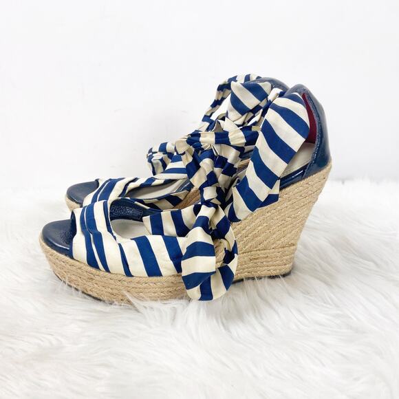 Ugg 7 Womens Blue White Striped Lucianna Strap Espadrille Wedge Sandals - Picture 4 of 11